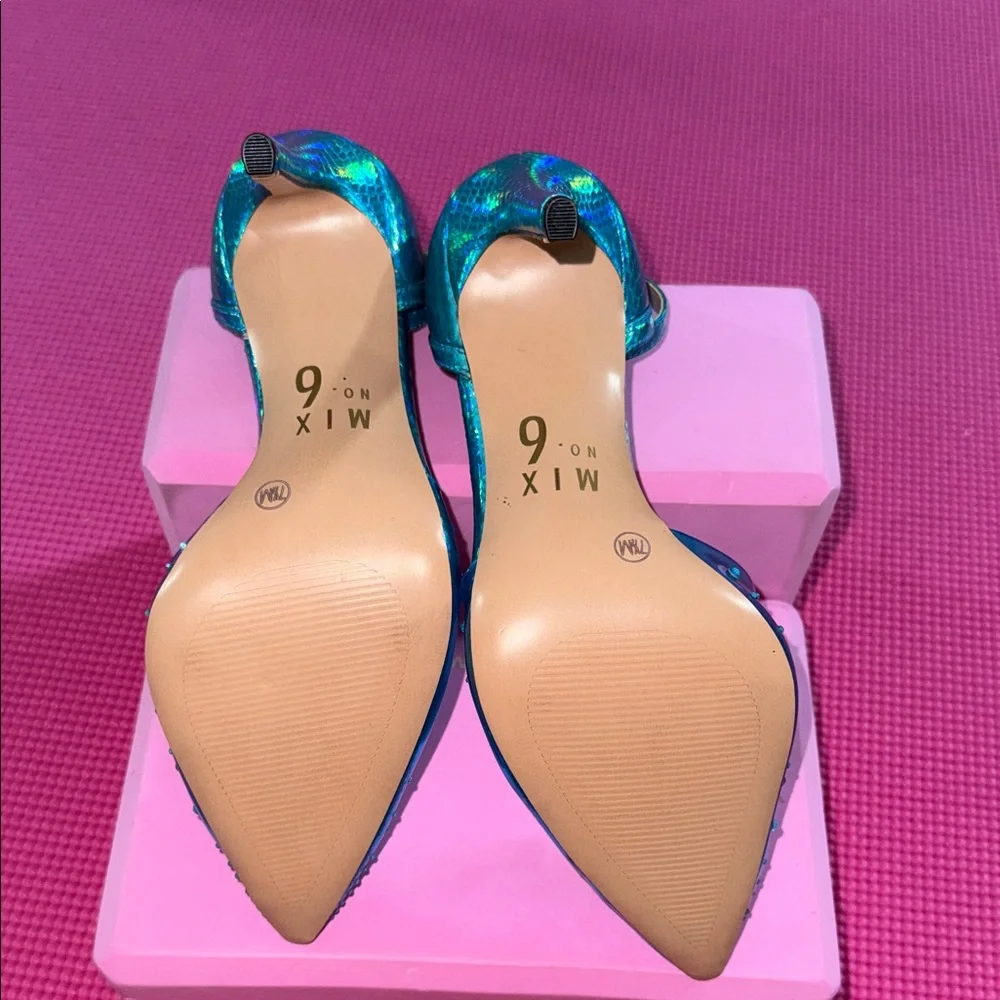 Mix No. 6 Teal Crystal-Embellished Pointed-Toe Ankle-Strap Heels (never worn) - Picture 6 of 6
